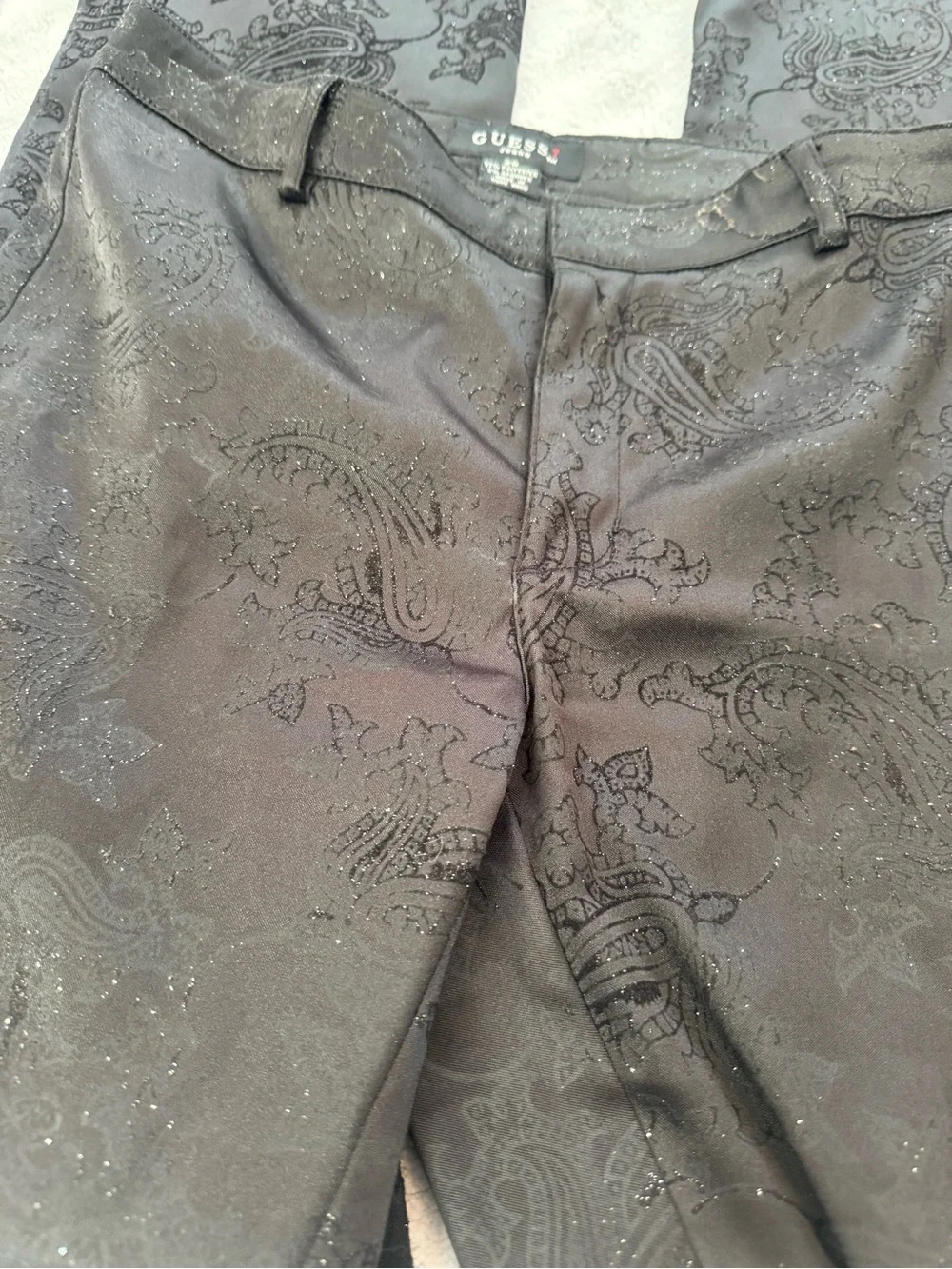 Guess Vintage Black‎ Flocked Paisley Sparkle Pants Size 29 Y2K Gothic Bootcut